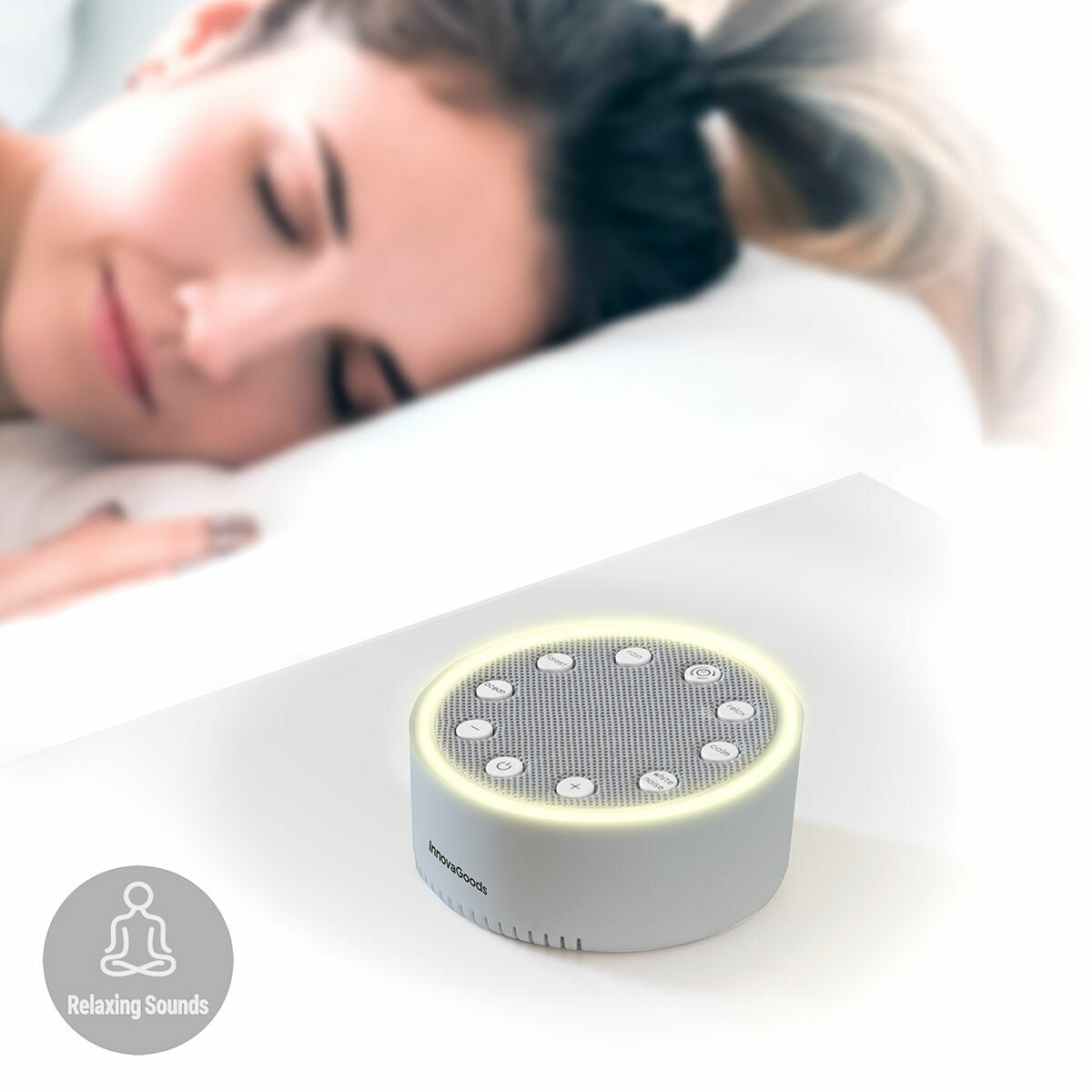 InnovaGoods Slewel Schlafhilfegerät mit weissem Rauschen, Licht und Klängen – Anwendungsansicht