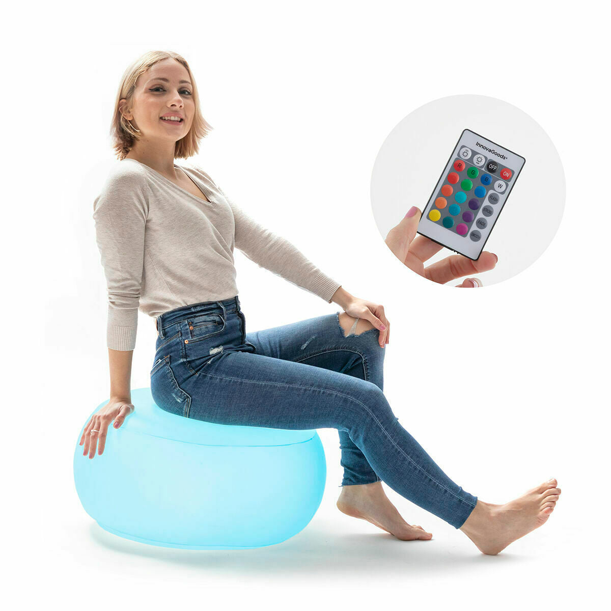 InnovaGoods aufblasbares LED-Sessel-Hocker-Set mit RGB-Beleuchtung und Fernbedienung – Seitenansicht