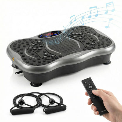 InnovaGoods Vibrationsplatte Set mit Lautsprecher, Fernbedienung und Widerstandsbändern – Anwendungsansicht