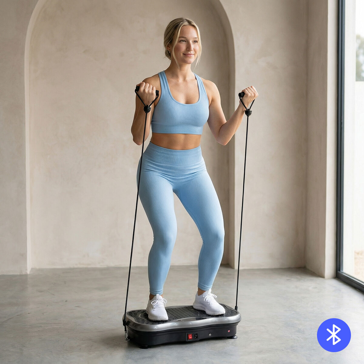 InnovaGoods Vibrationsplatte mit Lautsprecher, Widerstandsbändern, Fernbedienung und Sportgürtel – Seitenansicht