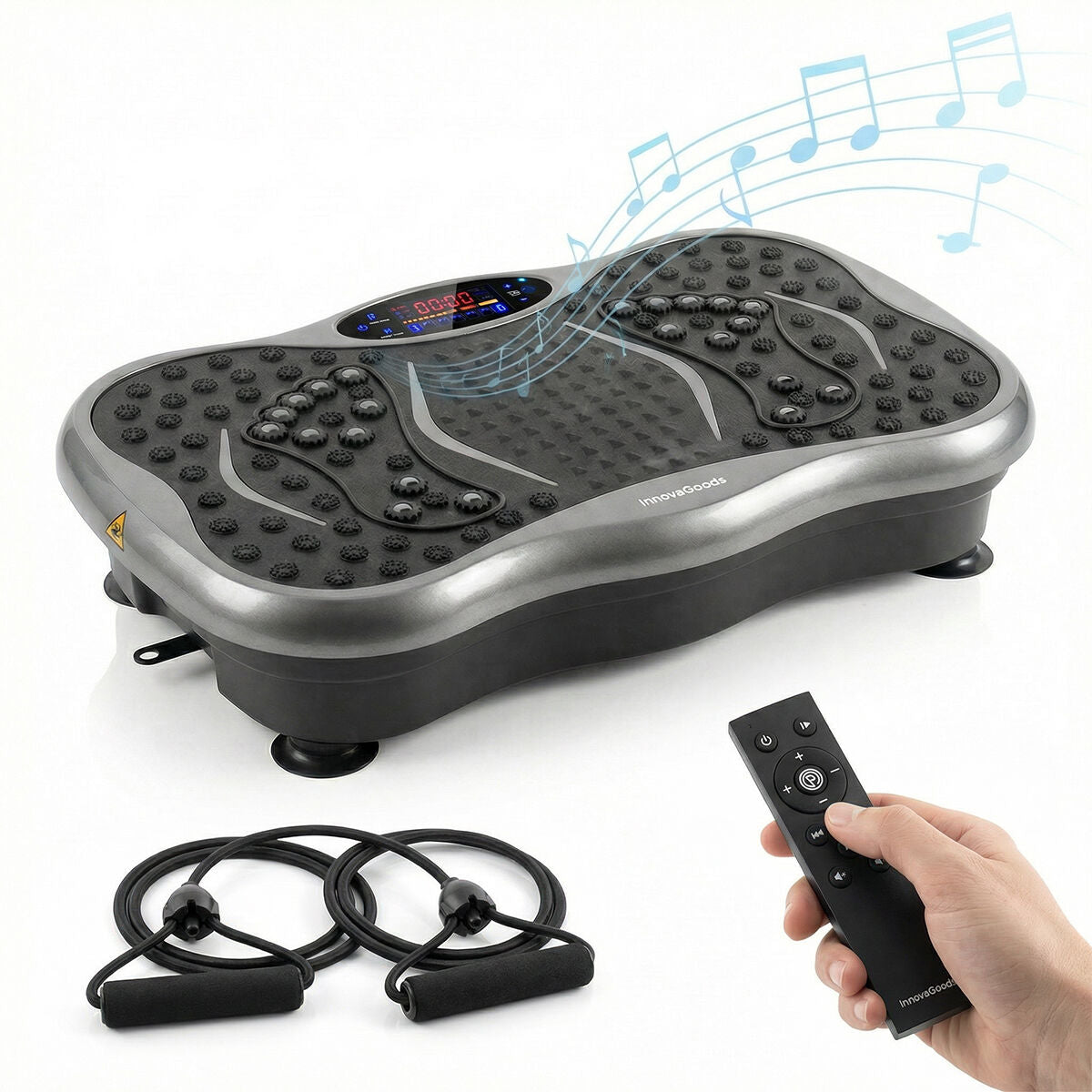 InnovaGoods Vibrationsplatte mit Lautsprecher, Widerstandsbändern, Fernbedienung und Sportgürtel – Detailansicht
