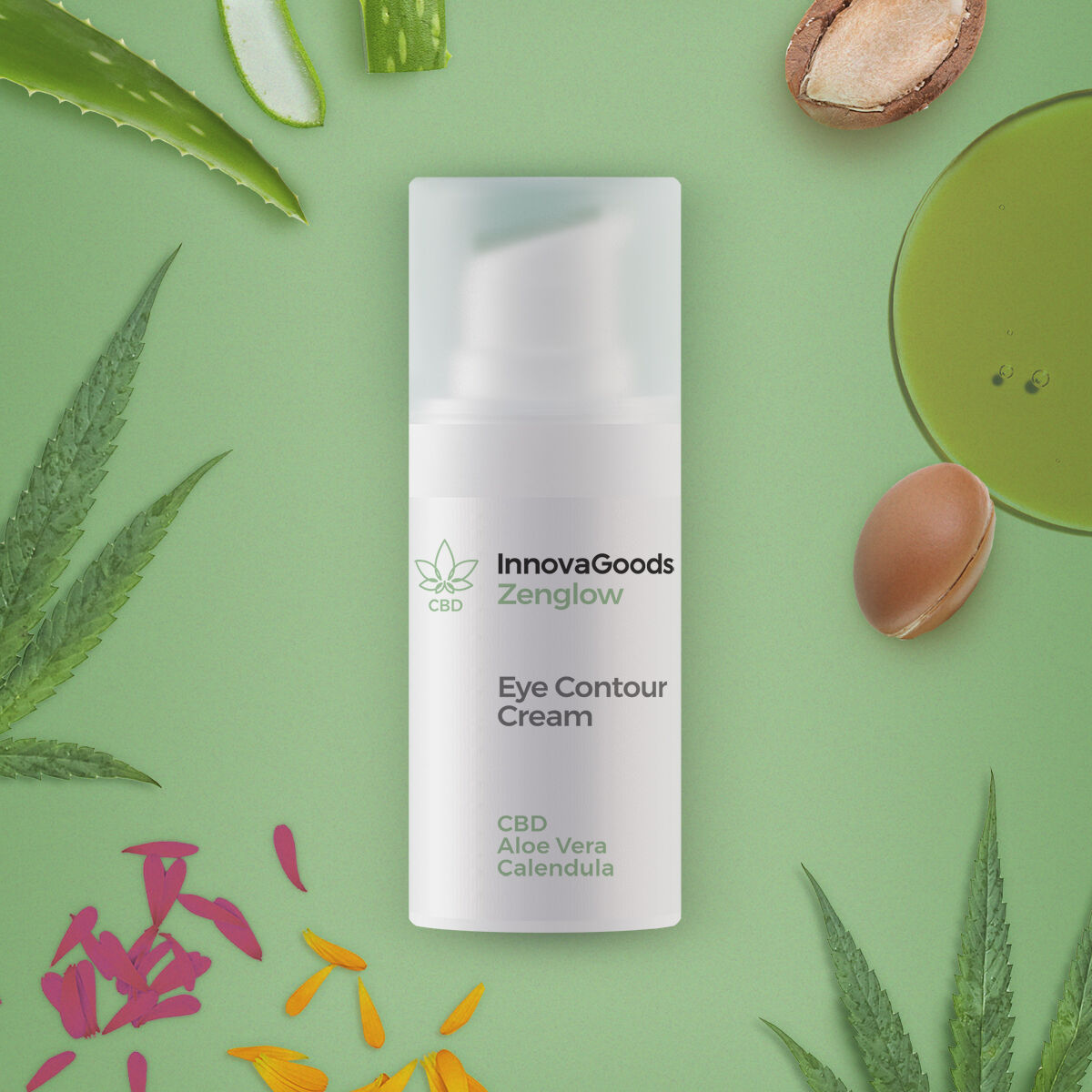 Pack Augenmassagegerät Anti-Aging mit Phototherapie und Thermotherapie und Augenpflege CBD Zenglow 15 ml InnovaGoods