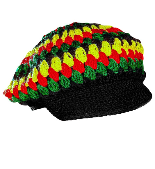 Reggae Häkelflächenmütze in Rasta-Farben Rot Gelb Grün für Fasnacht