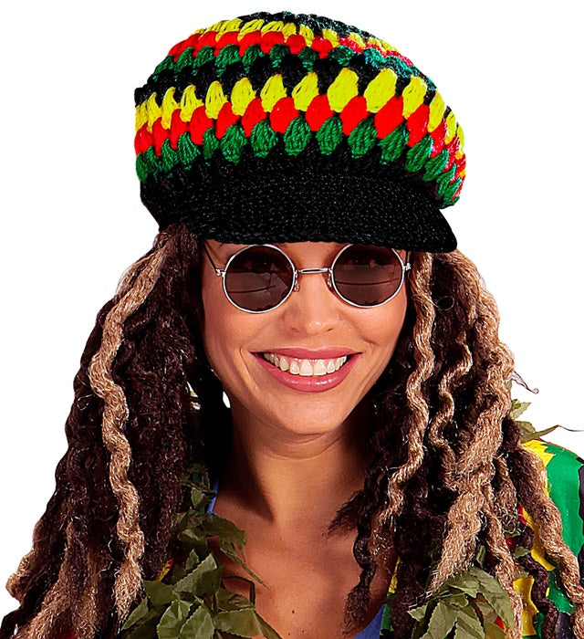 Reggae Häkelflächenmütze in Rasta-Farben Rot Gelb Grün für Fasnacht
