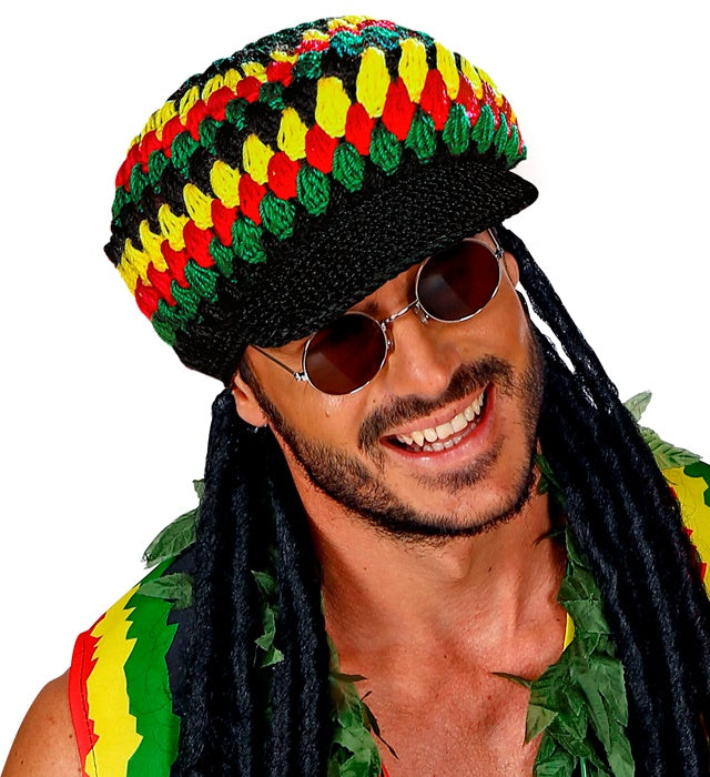 Reggae Häkelflächenmütze in Rasta-Farben Rot Gelb Grün für Fasnacht