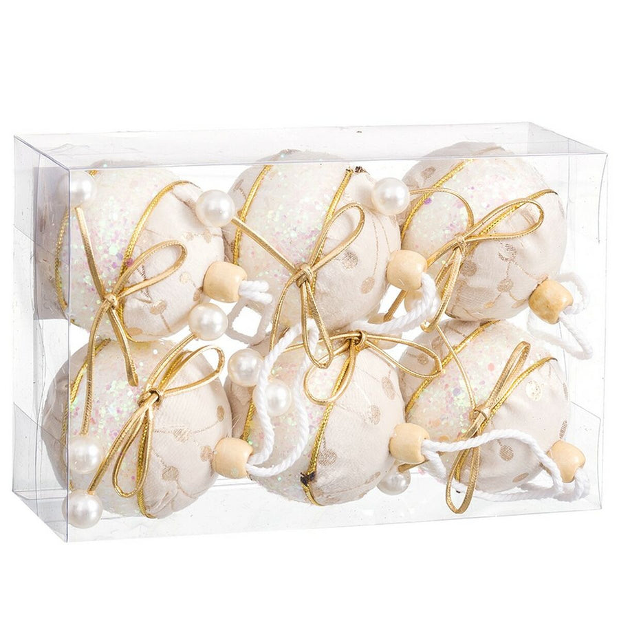 BigBuy Christmas Weihnachtsbaumkugeln Weiss Gold aus Polyfoam mit Stoffschleife, 6 cm, 6 Stück – Detailansicht