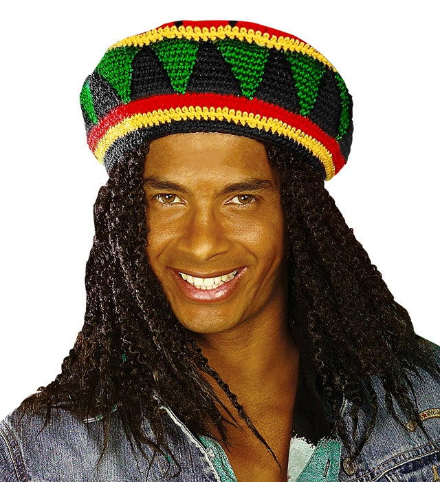 Bunter Rasta Häkelhut mit Reggae-Farben Rot, Gelb, Grün und Schwarz