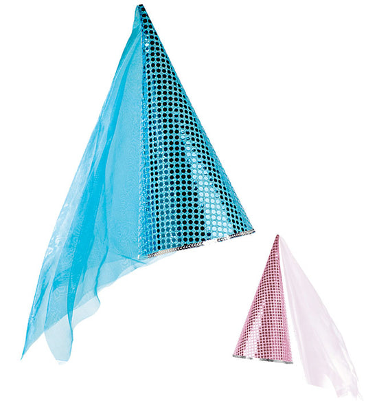 Hellblauer und rosa Pailletten-Feenhut mit zartem Schleier als Fasnachtskostüm-Accessoire
