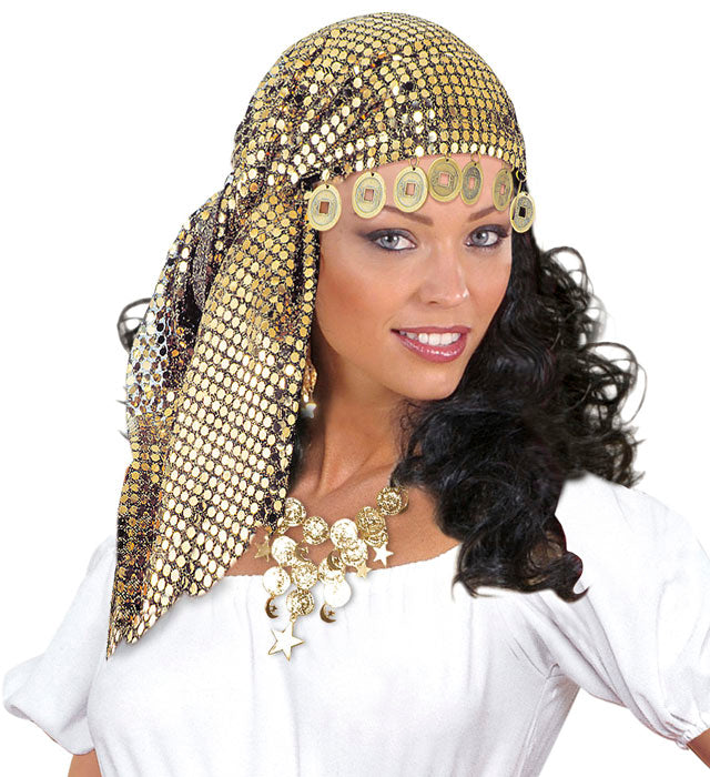 Kopfschmuck mit Pailetten und Münzen im Wahrsagerin-Stil für Fasnacht