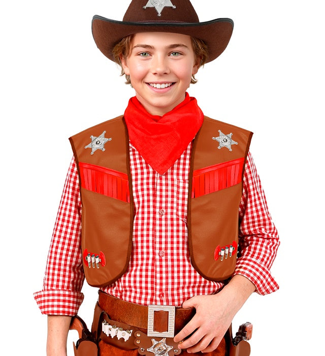 Braune Cowboy-Weste für Kinder als Kostümzubehör für Fasnacht und Mottoparty