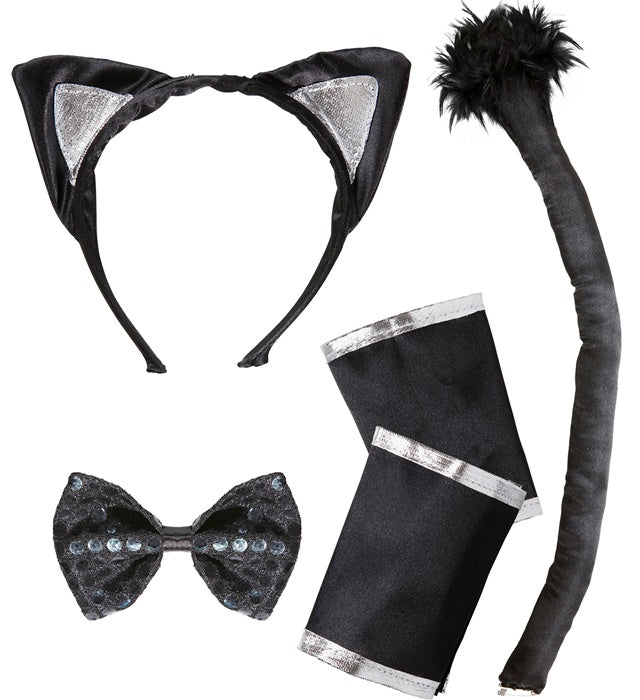 Katzen-Set mit Ohren, Fliege, Schwanz und Manschetten als Kostümzubehör