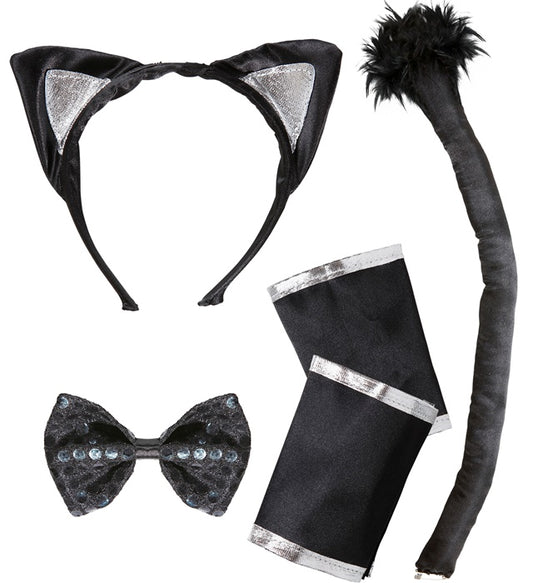 Katzen-Set mit Ohren, Fliege, Schwanz und Manschetten als Kostümzubehör