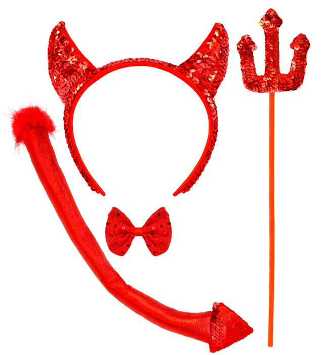 Teufel-Set mit Hörnern, roter Fliege, Schwanz und Dreizack für Fasnacht und Halloween