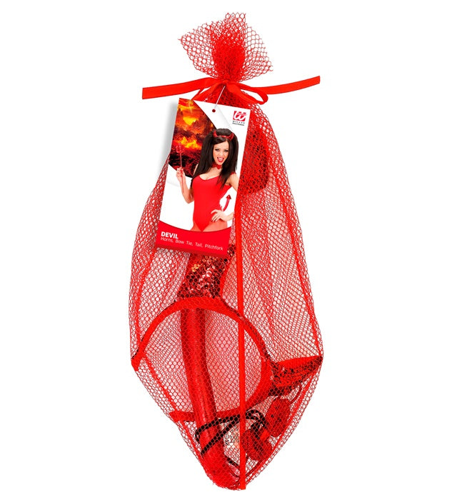 Teufel-Set mit Hörnern, roter Fliege, Schwanz und Dreizack für Fasnacht und Halloween
