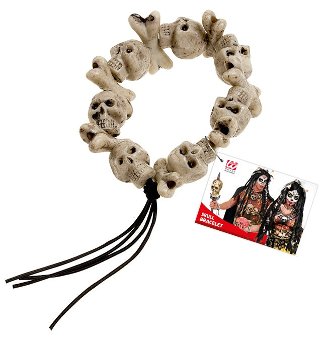 Schwarzes Armband mit weißen Totenköpfen und gekreuzten Knochen als Halloween Schmuck