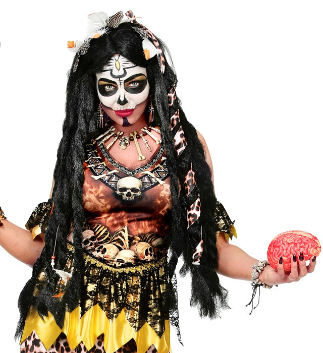 Schwarzes Armband mit weißen Totenköpfen und gekreuzten Knochen als Halloween Schmuck