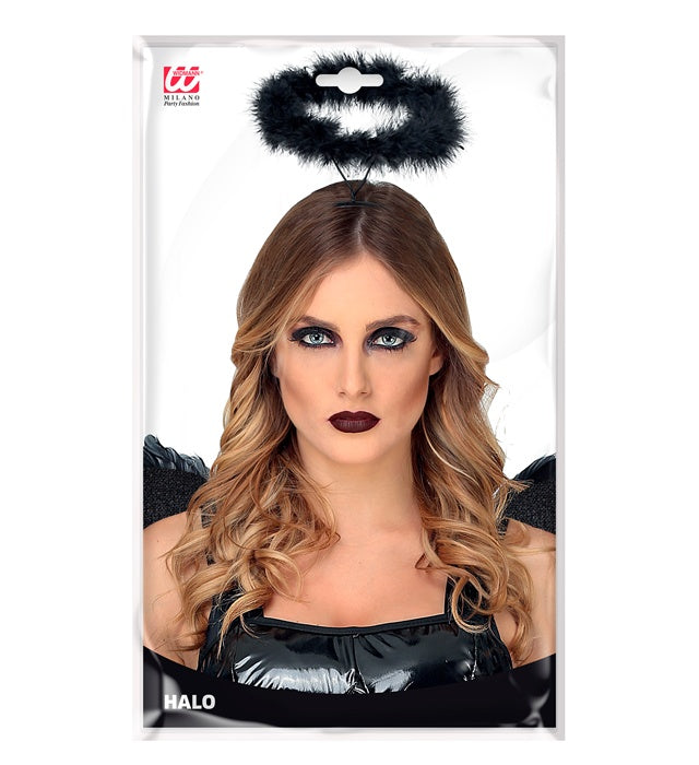 Schwarzer Marabou Heiligenschein als Kostümzubehör für Fasnacht und Halloween