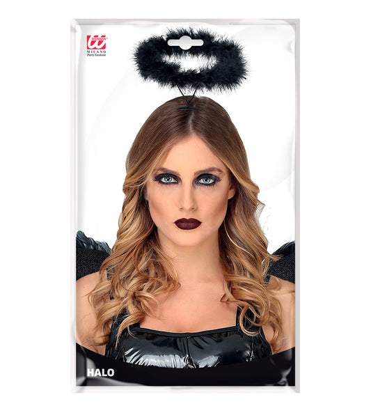 Schwarzer Marabou Heiligenschein als Kostümzubehör für Fasnacht und Halloween