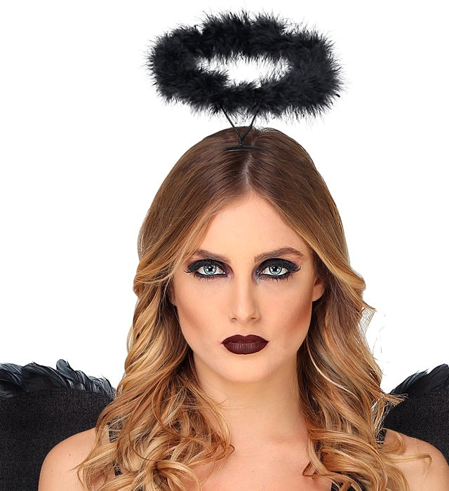 Schwarzer Marabou Heiligenschein als Kostümzubehör für Fasnacht und Halloween