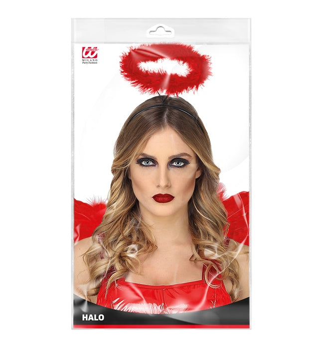 Roter Marabou Heiligenschein mit Haarreif für Fasnacht und Halloween Kostüme