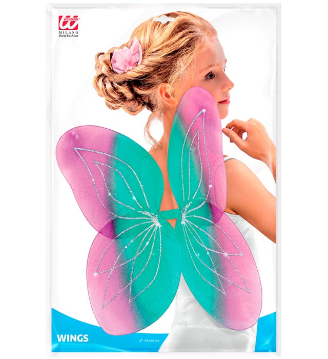 Hellblaue und rosa Flügel 58x46 cm als Kostümzubehör für Fasnacht und Karneval