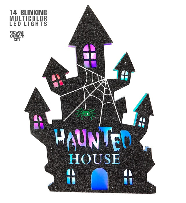 Haunted House Wanddekoration mit sechs bunten LED-Lichtern an der Wand