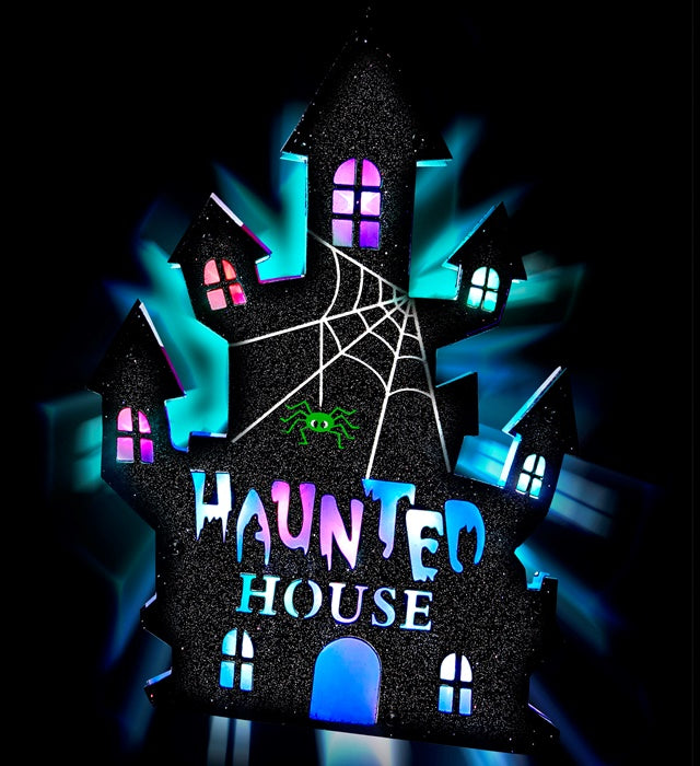 Haunted House Wanddekoration mit sechs bunten LED-Lichtern an der Wand