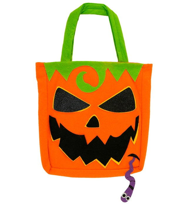 Orangefarbene Trick or Treat Kürbis-Tasche mit schwarzem Gesicht für Fasnacht und Halloween