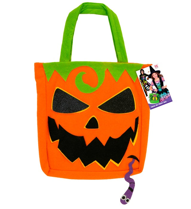 Orangefarbene Trick or Treat Kürbis-Tasche mit schwarzem Gesicht für Fasnacht und Halloween