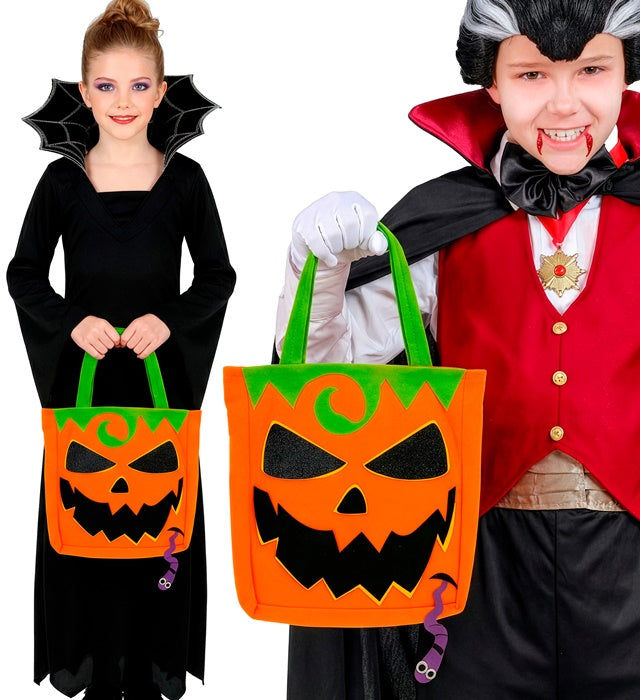 Orangefarbene Trick or Treat Kürbis-Tasche mit schwarzem Gesicht für Fasnacht und Halloween