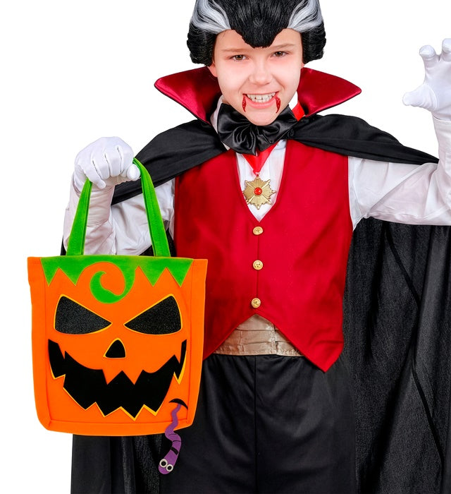 Orangefarbene Trick or Treat Kürbis-Tasche mit schwarzem Gesicht für Fasnacht und Halloween