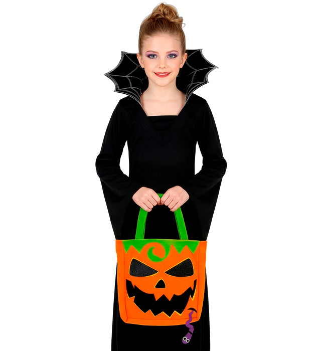 Orangefarbene Trick or Treat Kürbis-Tasche mit schwarzem Gesicht für Fasnacht und Halloween