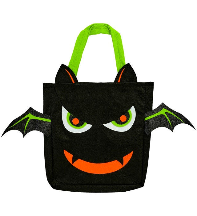 Trick or Treat Tasche mit schwarzer Fledermaus auf orangefarbenem Hintergrund
