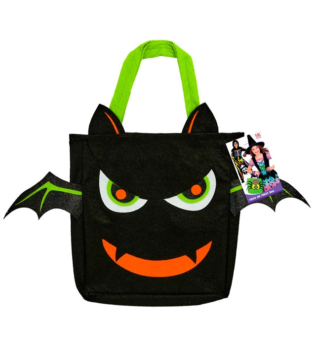 Trick or Treat Tasche mit schwarzer Fledermaus auf orangefarbenem Hintergrund