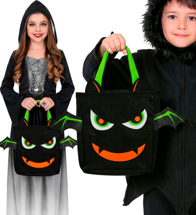 Trick or Treat Tasche mit schwarzer Fledermaus auf orangefarbenem Hintergrund