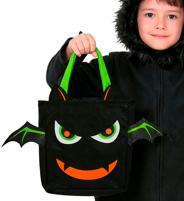 Trick or Treat Tasche mit schwarzer Fledermaus auf orangefarbenem Hintergrund
