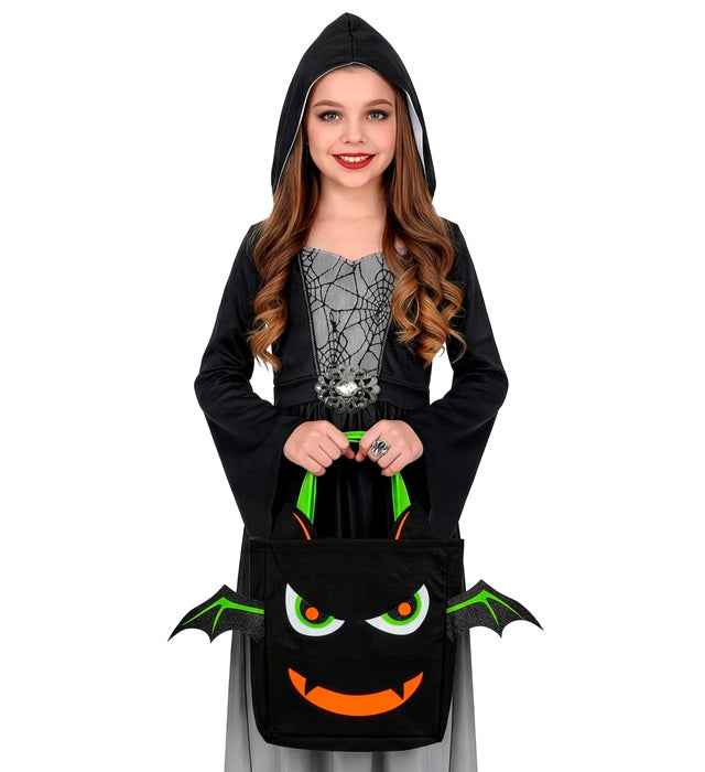 Trick or Treat Tasche mit schwarzer Fledermaus auf orangefarbenem Hintergrund
