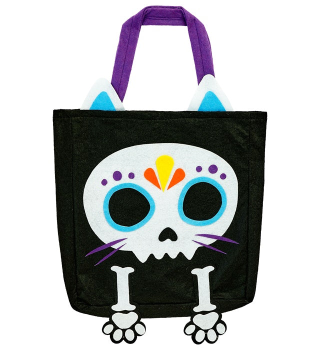 Trick-or-Treat Tasche mit schwarzer Katze und Skelett-Design