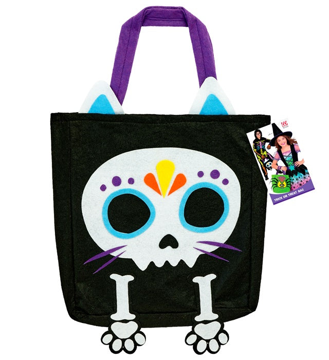 Trick-or-Treat Tasche mit schwarzer Katze und Skelett-Design