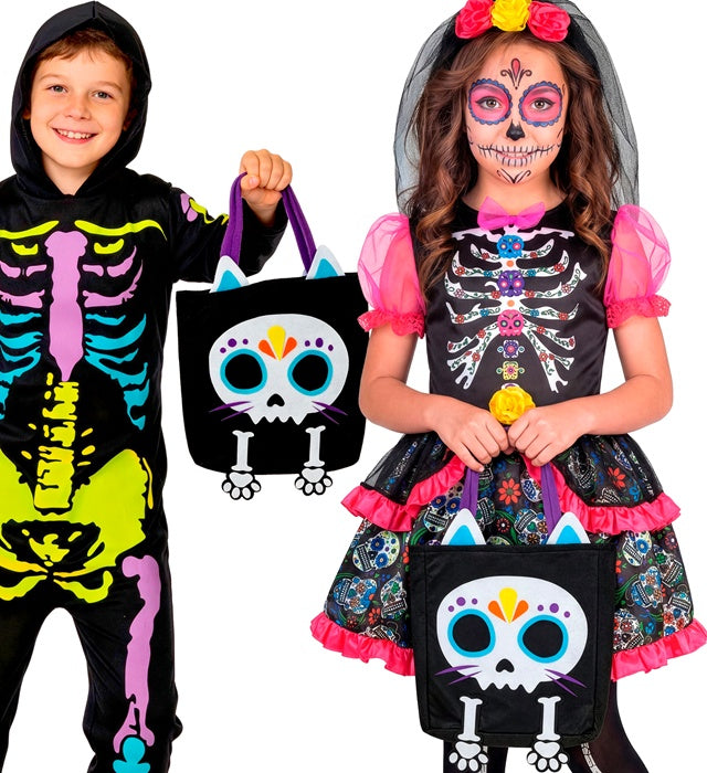Trick-or-Treat Tasche mit schwarzer Katze und Skelett-Design