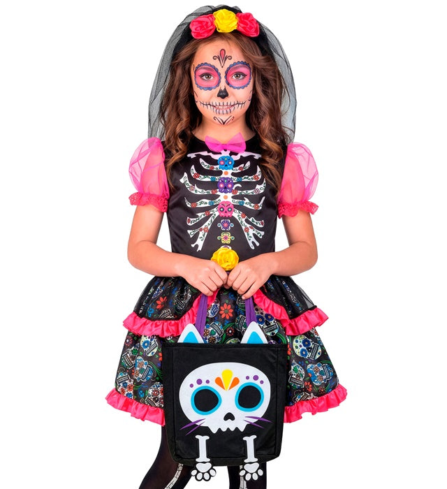 Trick-or-Treat Tasche mit schwarzer Katze und Skelett-Design
