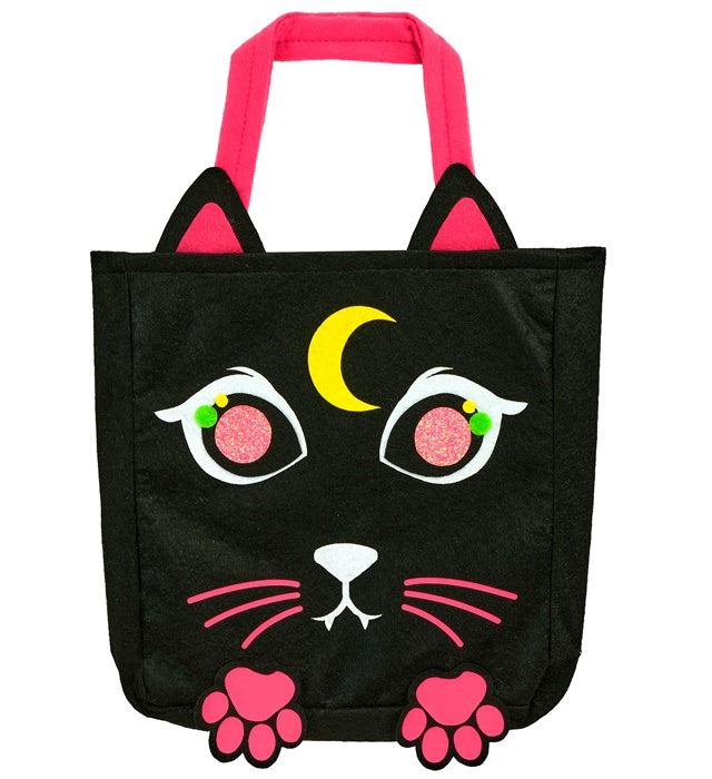 Schwarze Trick or Treat Tasche mit Katzenmotiv auf weissem Hintergrund