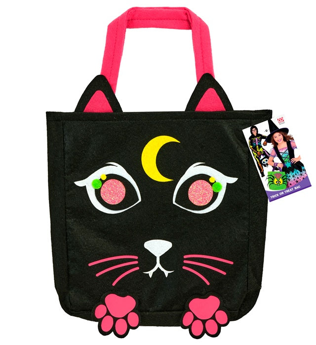 Schwarze Trick or Treat Tasche mit Katzenmotiv auf weissem Hintergrund
