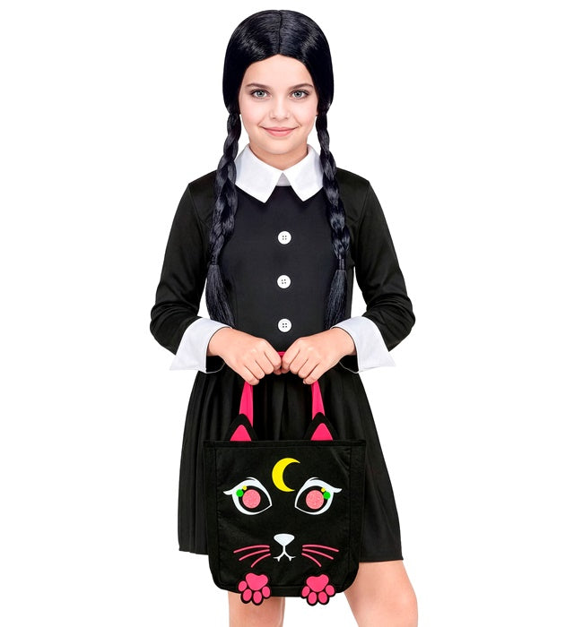 Schwarze Trick or Treat Tasche mit Katzenmotiv auf weissem Hintergrund