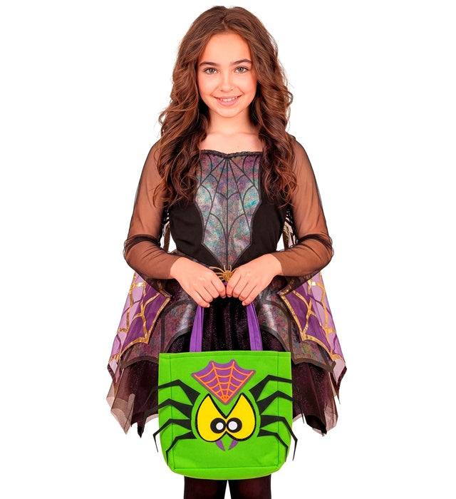 Trick or Treat Tasche mit schwarzer Spinne auf orangefarbenem Hintergrund