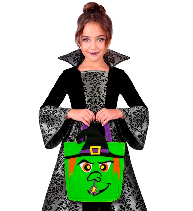 Schwarze Hexentasche mit 'Trick or Treat' Schriftzug für Fasnacht und Halloween