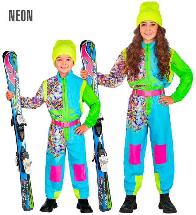 Hellblauer Skianzug mit grünem Gürtel als Fasnacht Kostüm