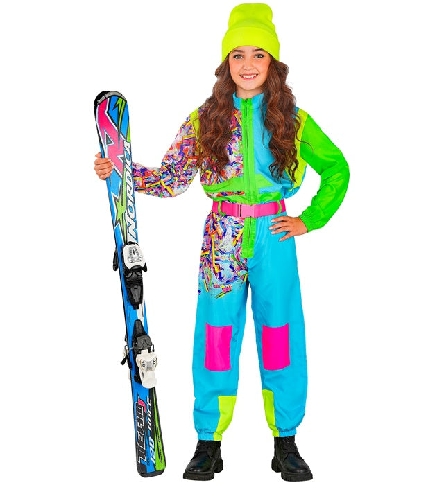 Hellblauer Skianzug mit grünem Gürtel als Fasnacht Kostüm