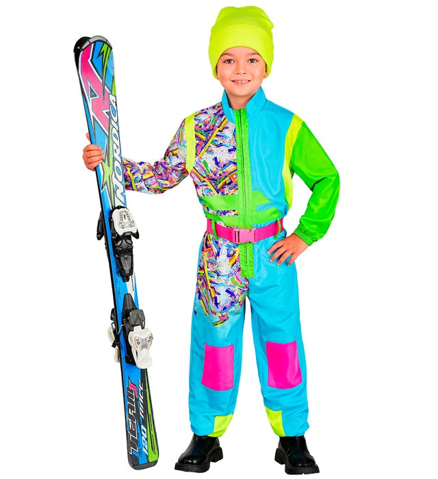 Hellblauer Skianzug mit grünem Gürtel als Fasnacht Kostüm