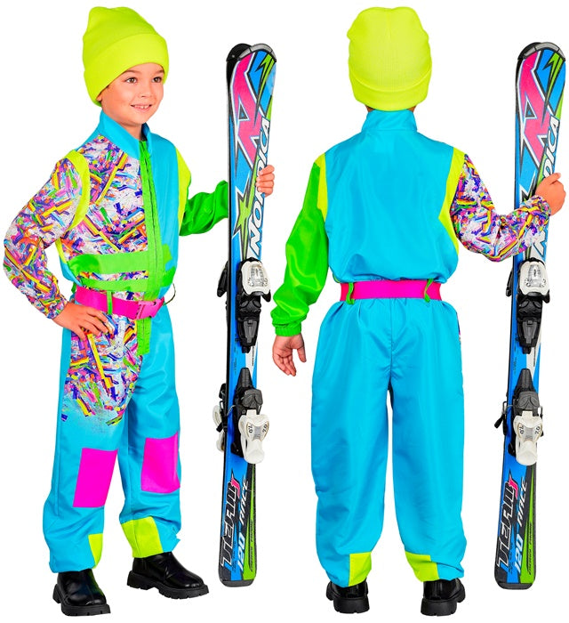 Hellblauer Skianzug mit grünem Gürtel als Fasnacht Kostüm